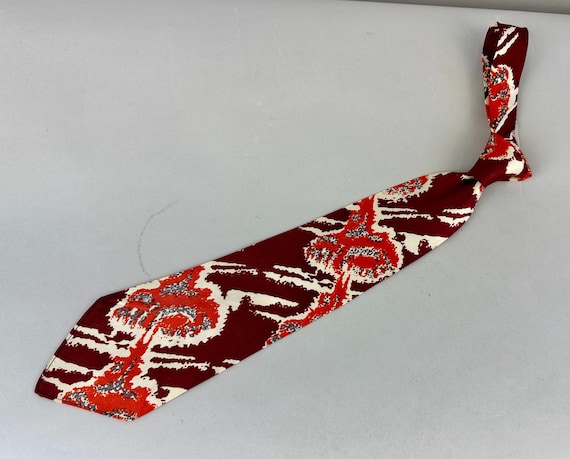 1930s Exalted Explosion Necktie | Vintage 30s Orange White Grey and Maroon Mushroom Cloud Atomic Print Silk Self Tie Cravat