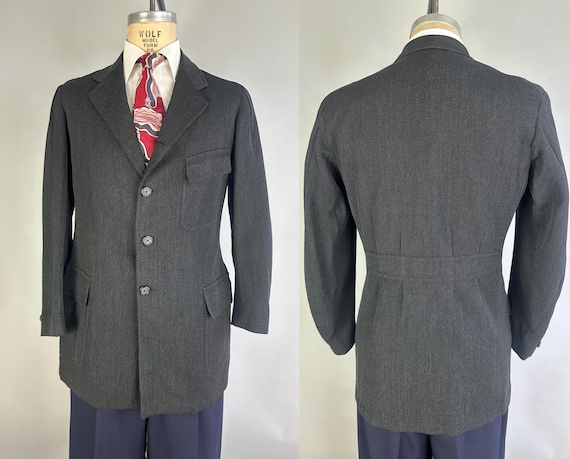 1930s Man of Shadows Sport Coat | Vintage 30s Brooks Brothers Gray and Black Wool Blazer Jacket with Belted Back and Pleats | Size 40 Medium