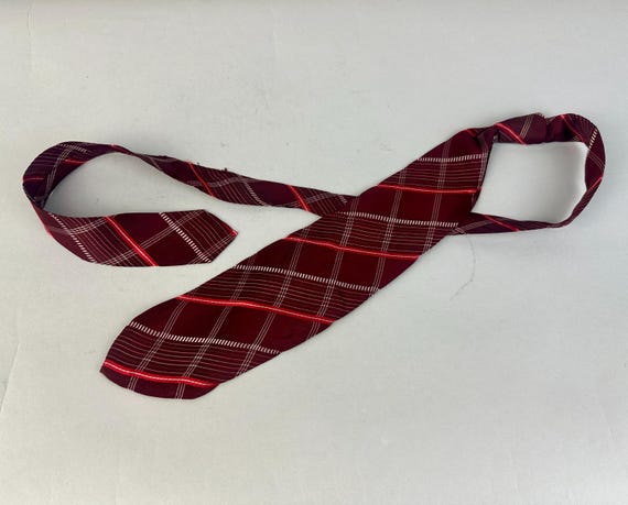 1910s Spiffy In a Jiffy Necktie | Vintage Antique Teens Pre-Tied Maroon Red Pearlescent White and Green Plaid Silk Tie Cravat
