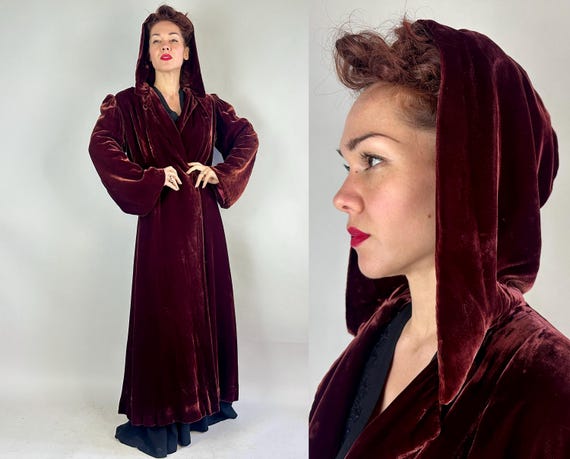 1930s Beguiling Bronze Opera Coat | Vintage 30s Rayon Velvet Floor Length Formal Evening Jacket with Hood and Bell Sleeves | Medium Large