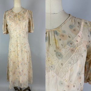 1930s Summer Soirée Dress | Vintage 30s Ivory White with Pastel Flower Print Silk Chiffon Puff Sleeve Garden Frock | Small Extra Small XS