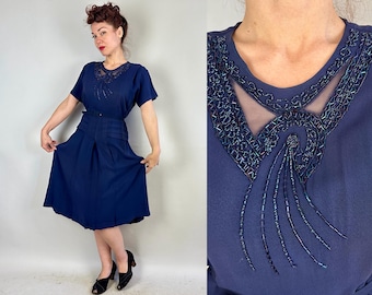 1940s Moonlight Cocktails Dress | Vintage 40s Midnight Blue Rayon Crepe Frock with Peek a Boo Netting and Oil Slick Beads | Extra Large XL