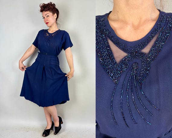 1940s Moonlight Cocktails Dress | Vintage 40s Midnight Blue Rayon Crepe Frock with Peek a Boo Netting and Oil Slick Beads | Extra Large XL