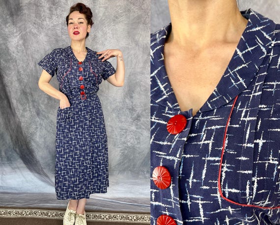 1930s Twilight Twinkle Frock | Vintage 30s Blue and White Star Sparkle Flecks Print Cotton Dress w/Red Bakelite Details | Extra Large XL
