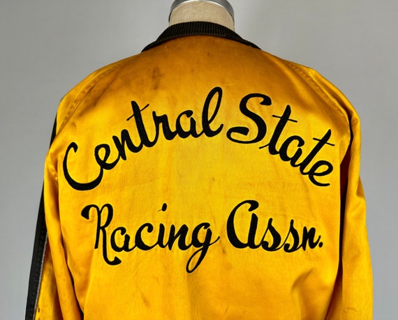 1940s Speed Racer Club Jacket | Vintage 40s Canary Yellow Satin Racing Association Coat with Black Embroidery & Knit Wool Stripes | Medium