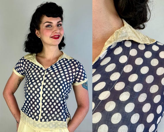 1920s On the Spot Blouse | Vintage Antique 20s Navy Blue and White Big Polkadot Sheer Cotton Top Shirt w/Silk Accents | Small Extra Small XS