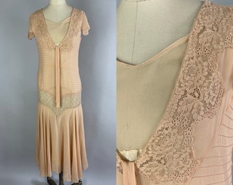 1920s Pretty as a Peach Dress | Vintage Antique 20s Peachy Pink Silk Chiffon Gown with Ecru Lace Insets and Pintucks | Extra Small XS