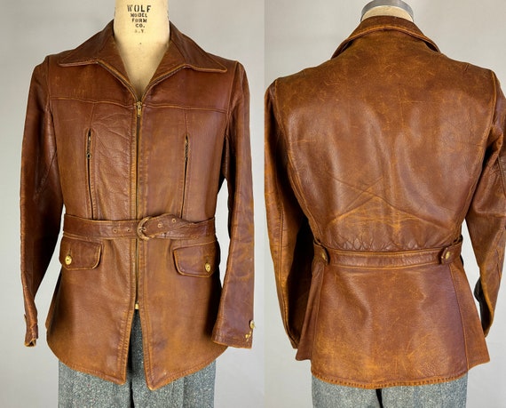 1930s Sportster Leather Jacket | Vintage 30s Brown Townsman Motorcycle Coat with Full Belted Back and Caramel Deco Buttons | Size 40 Medium