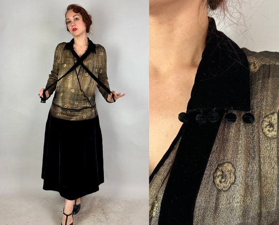 1920s All That Glitters Dress | Vintage 20s Gold Lamé and Black Silk Velvet Flapper Frock with Attached Scarf & Dropped Waist | Medium/Large