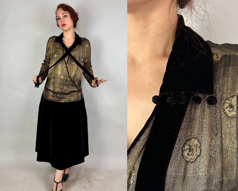 May include: A vintage-style dress with a gold and black pattern. The dress has a black velvet collar and a black velvet skirt. The dress is made of a sheer fabric.