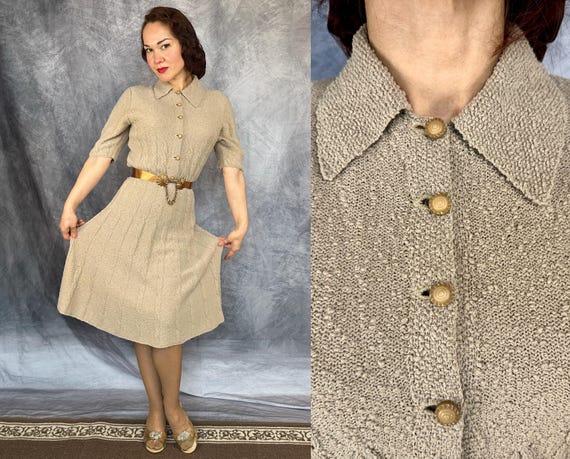 1940s Knotty Knits Beige Dress | Vintage 40s Short Sleeve Boucle Wool Cable Knitwear Frock with Front Button Closure | Small Medium Large