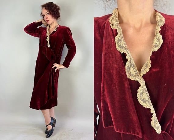 1920s My Velvet Valentine Dress | Antique Vintage 20s Burgundy Red Plush Dropped Waist Wrap Frock with Ecru Lace Trim | Medium Large