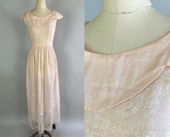 1940s Powdery Pink Gown | Vintage 40s Sheer Light Rose Sleeveless Cotton Voile Maxi Long Dress with Scalloped Collar | Small/Extra Small XS