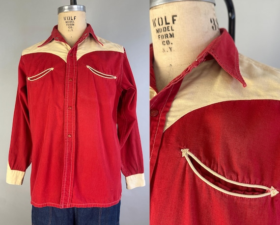 1950s Carmine Cowboy Shirt | Vintage 50s Red and Cream Off White Two-Tone Color Block Western Rodeo Long Sleeve Top with Red Snaps | Medium
