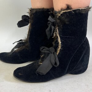 1930s Cold Weather Coverup Boots Vintage 30s Black Velvet Ribbon Lace Up Wedge Style Shoe Slip Covers Booties Victorian Style Size 7-8 image 4