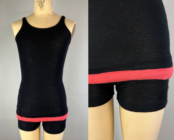 1920s Bradley's Best Bathing Suit | Vintage Antique 20s Black Wool Knit Knitwear Swimsuit Swimwear with Wide Pink Stripe | Small