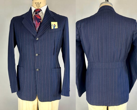 1930s Pleasantly Pleated Belted Back Jacket | Vintage 30s Navy w/White and Blue Pinstripes Wool Blazer Date 1940! | Size 40/42 Medium/Large