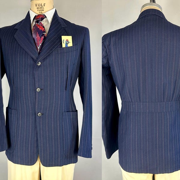 1930s Pleasantly Pleated Belted Back Jacket | Vintage 30s Navy w/White and Blue Pinstripes Wool Blazer Date 1940! | Size 40/42 Medium/Large