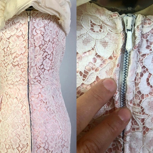 1940s Dainty Floral Lace Gown shops | Vintage 40s Day to Night Cream Linen Lace & Pink Silk Satin Garden Party or Evening Dress | XS Extra Small