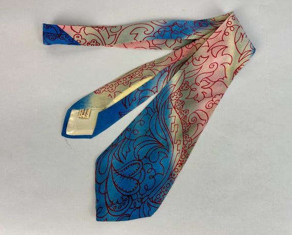 1940s Symphony in Sundown Necktie | Vintage 40s Handpainted Silk Wide Self Tie Cravat in Blue Pink and Grey with Red Swirling Pattern