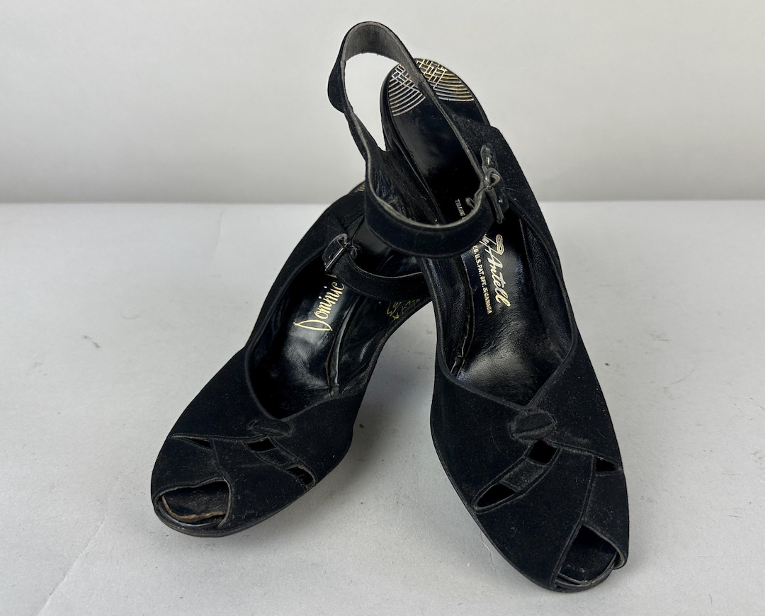 1940s Heart Felt Step Shoes | Vintage 40s Black Suede Peep Toe