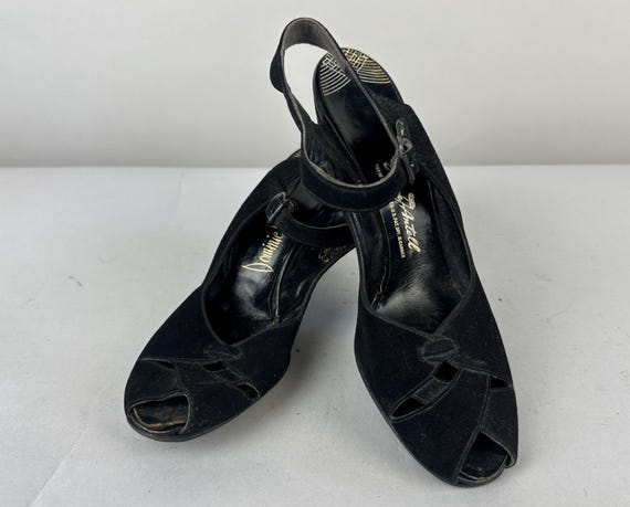 1940s Heart Felt Step Shoes | Vintage 40s Black Suede Peep Toe Pumps Ankle Strap Heels with Lattice Laced Cutouts | Size 6.5  6&1/2 US
