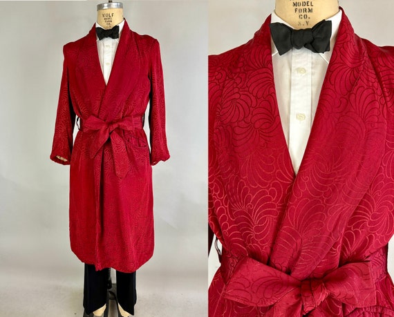 1940s Your Biggest Fan Robe | Vintage 40s Scarlet Red Rayon Peacock Feather Swirls Brocade Lounge Smoking Jacket with Self Belt | Small