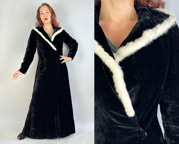 1930s Opulent Ophelia Opera Coat | Vintage 30s Black Silk Velvet and White Fur Long Coat with Cream Taffeta Lining | Small Medium