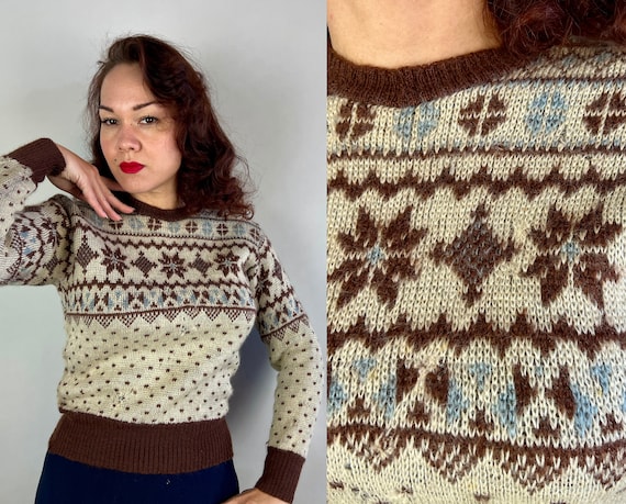 1940s Snow Bunny Sweater | Vintage 40s Brown Blue & White Wool Winter Holiday "Jantzen" Knit Jumper with Stylized Snowflakes | Medium Large