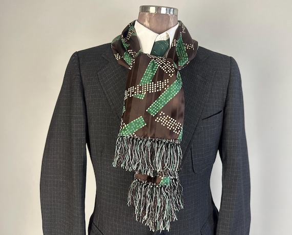 1940s Building Blocks Scarf | Vintage 40s Coffee Bean Brown Ivory and Wintergreen Rayon Satin Stripe Wrap w/Squares in Rectangles & Fringe