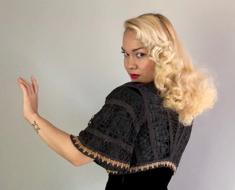 Small Vintage 1900s Jacket Victorian Black Silk Bolero Shrug wLarge Hole Net Outer Ecru Tulip Lace Trim and Elbow Length Bell Sleeves