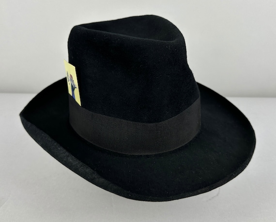 1920s Man in Black Fedora | Vintage 20s Tall Crown Black Wool Felt Mens Hat w/ Tone on Tone Silk Grosgrain Ribbon Band | Size 7-7&1/8 Medium