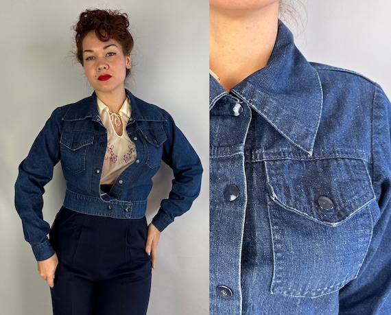 1950s Rebel Rhonda Denim Jacket | Vintage 50s Indigo Blue Dungaree Jean Coat Top with Snaps Pockets and Cropped Waist | Small