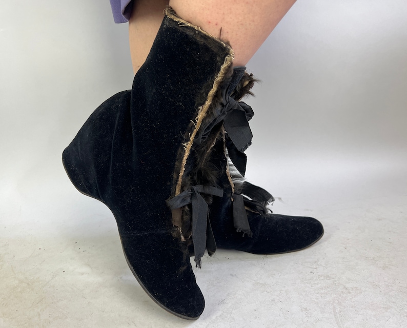 1930s Cold Weather Coverup Boots Vintage 30s Black Velvet Ribbon Lace Up Wedge Style Shoe Slip Covers Booties Victorian Style Size 7-8 image 6