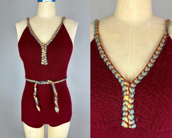 1930s Driven to Dive Swimsuit | Vintage 30s Maroon Wool One Piece Bathing Suit with Yellow & Blue Braided Cord Straps | Small Extra Small XS