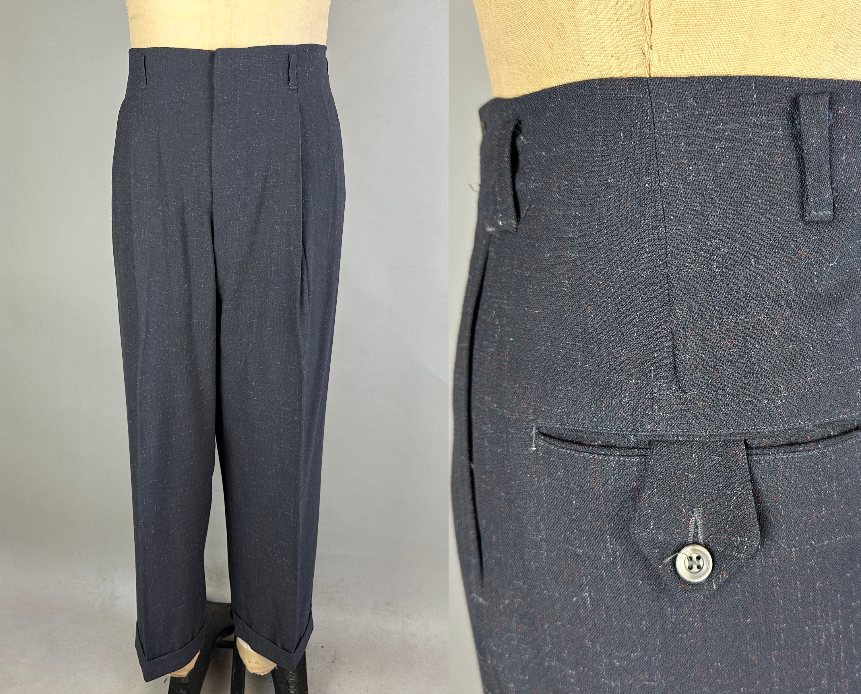 MENS 100% WOOL SUSPENDER BUTTONS PLEATED GRAY DRESS PANTS SIZE 38X26