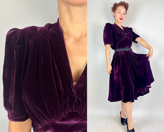 1940s Mulberry Maiden Dress | Vintage 40s Deep Purple Silk Velvet Frock with V Neck Ruching Pleats and Short Puffed Sleeves | Extra Large XL