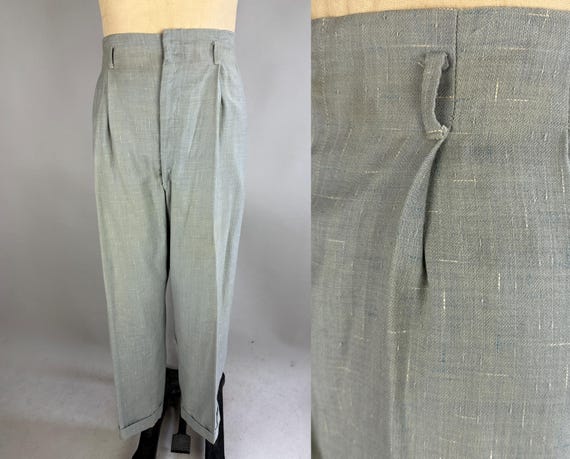 1940s Flecked and Fabulous Trousers | Vintage 40s Grey w/White & Blue Flecks Pleated Hollywood Waist Wool Pants | 38x30 Extra Large XL