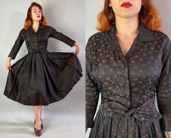 1950s Happy Hostess Dress | Vintage 50s Black and Bronze Brown Floral Brocade Cocktail Frock with Pleats Waist Tie and Full Skirt | Small