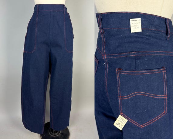 1950s  Just Right Jeans | Vintage 50s Deadstock Crisp Dark Indigo Blue Denim Pants w/Orange Top Stitching and Side Zipper | Extra Large XL