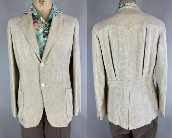 1930s Suave Summer Belted Blazer | Vintage 30s White Heavy Weight Linen Belt Back "NRA" Jacket Dated 1935! | Size 40 Medium