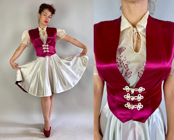 1940s Magnificent Majorette Costume | Vintage 40s Magenta & White Rayon Satin Vest Skirt and Bloomers 3-Piece Ensemble Set | Extra Small XS