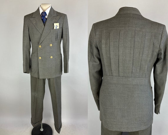 1930s Three-Piece Belted-Back Suit | Vintage 30s Steel Grey Shark Gill Knife Pleats Belt Back Jacket Vest Trousers Set | Size 34 Small