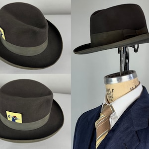 1940s &quot;Stetson&quot; Homburg Fedora | Vintage 40s &quot;Excellent&quot; Charcoal Grey Fur Felt Mens Hat with Grosgrain Ribbon | Size Large 7.25 - 7&3/8