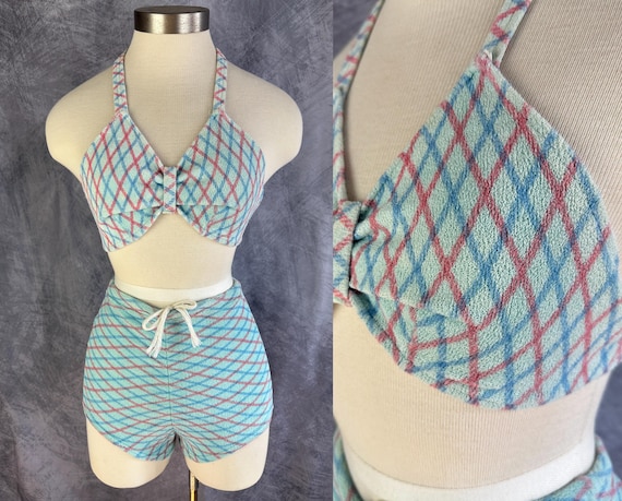 1930s Bonnie Betsy Bikini | Vintage 30s Blue and Pink Argyle Plaid Terry Cloth Two Piece Bathing Suit Swimsuit | Extra Small XS Small