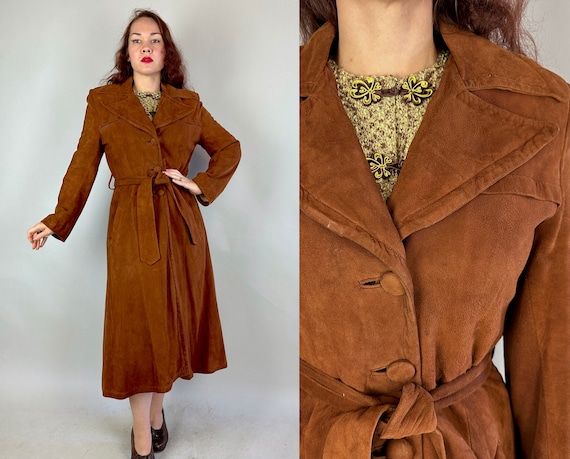 1940s Casual in Casablanca Coat | Vintage 40s Copper Brown Suede Long Trench Overcoat with Sash Belt and Large Lapels | Small Medium