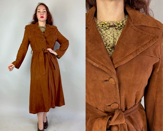 1940s Casual in Casablanca Coat | Vintage 40s Copper Brown Suede Long Trench Overcoat with Sash Belt and Large Lapels | Small Medium