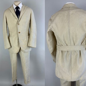 1920s Belted Back Suit Vintage 20s Antique Oatmeal and White Pinstripe Peak Lapel Tunnel Loops Jacket & Pants Dated 1929 Size 34 Small image 1