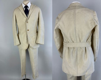 Size 34/36 Vintage 1930s Double Breasted Belt Back Striped Jacket