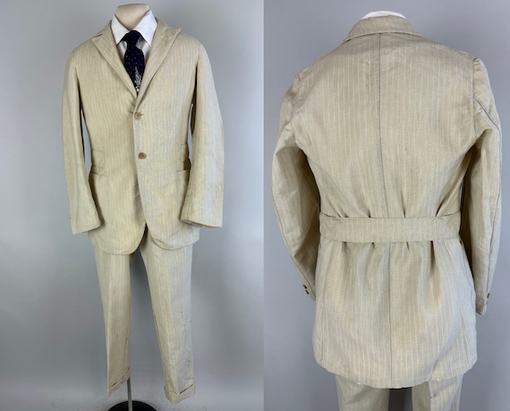 1920s Belted Back Suit | Vintage 20s Antique Oatmeal and White Pinstripe Peak Lapel Tunnel Loops Jacket & Pants Dated 1929! | Size 34 Small